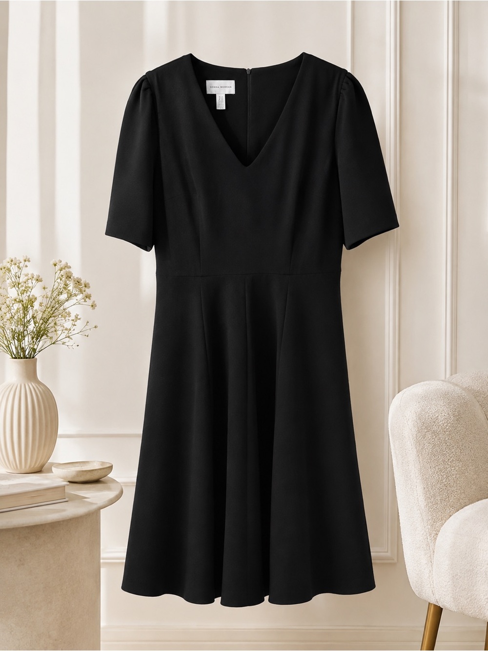 Donna Morgan Black Fit & Flare Midi Dress Size 12 V-Neck Short Sleeve
